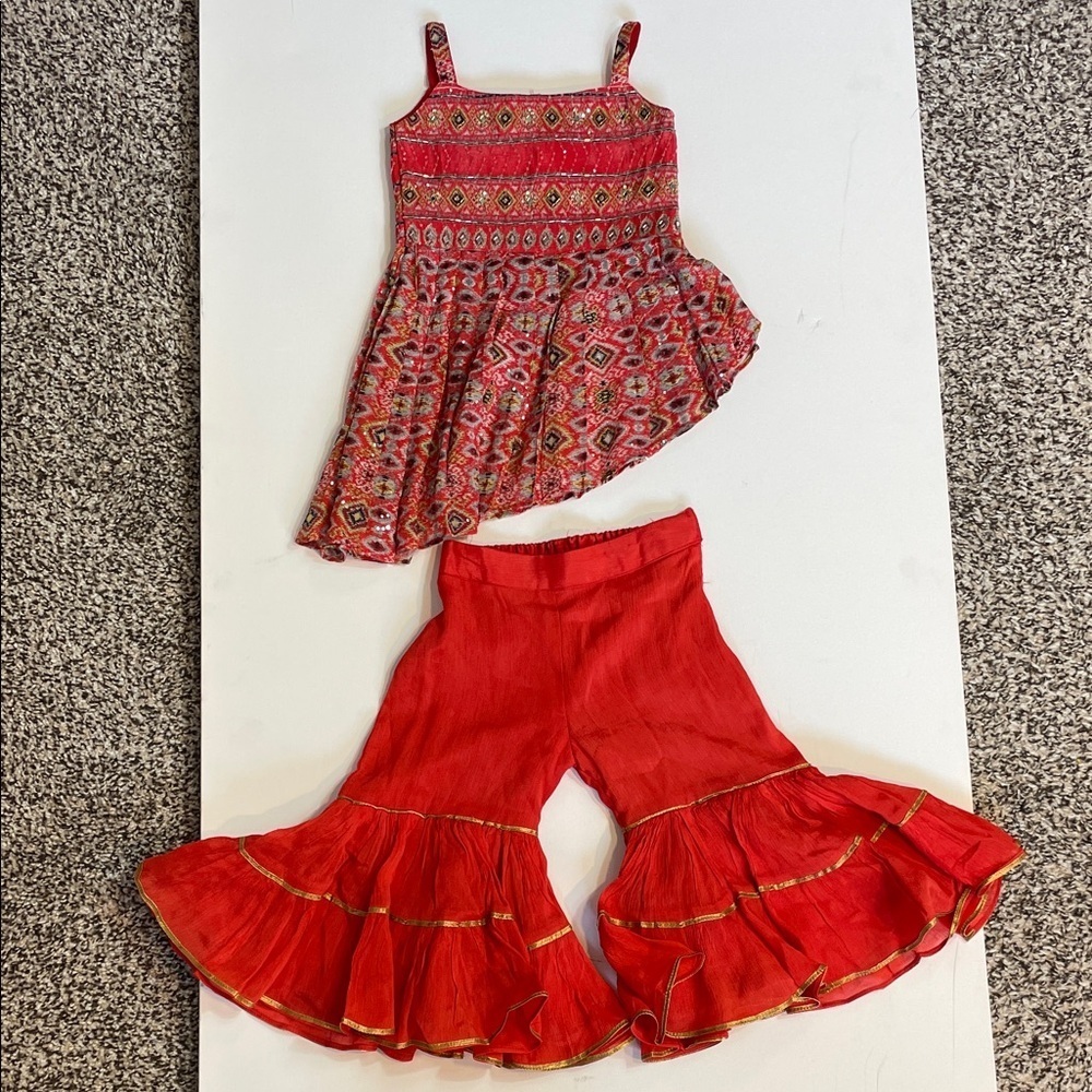 Vintage Red Two-Piece Set Beaded Embroidered Top & Ruffle Pants